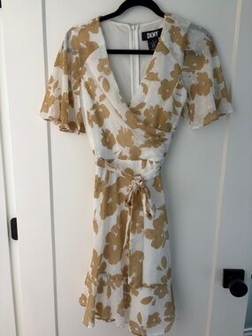 DKNY White and Beige Floral Midi Wrap Dress